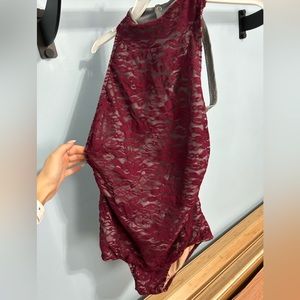 Burgundy and strappy lace leotard with rhinestones